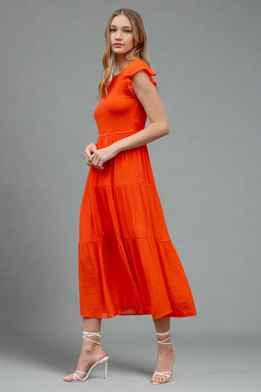 Stacie Smocked Tiered Red Midi Dress