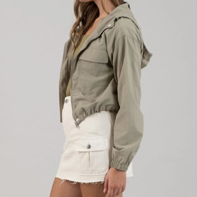 Delia Zip Up Hooded Windbreaker Jacket - Olive