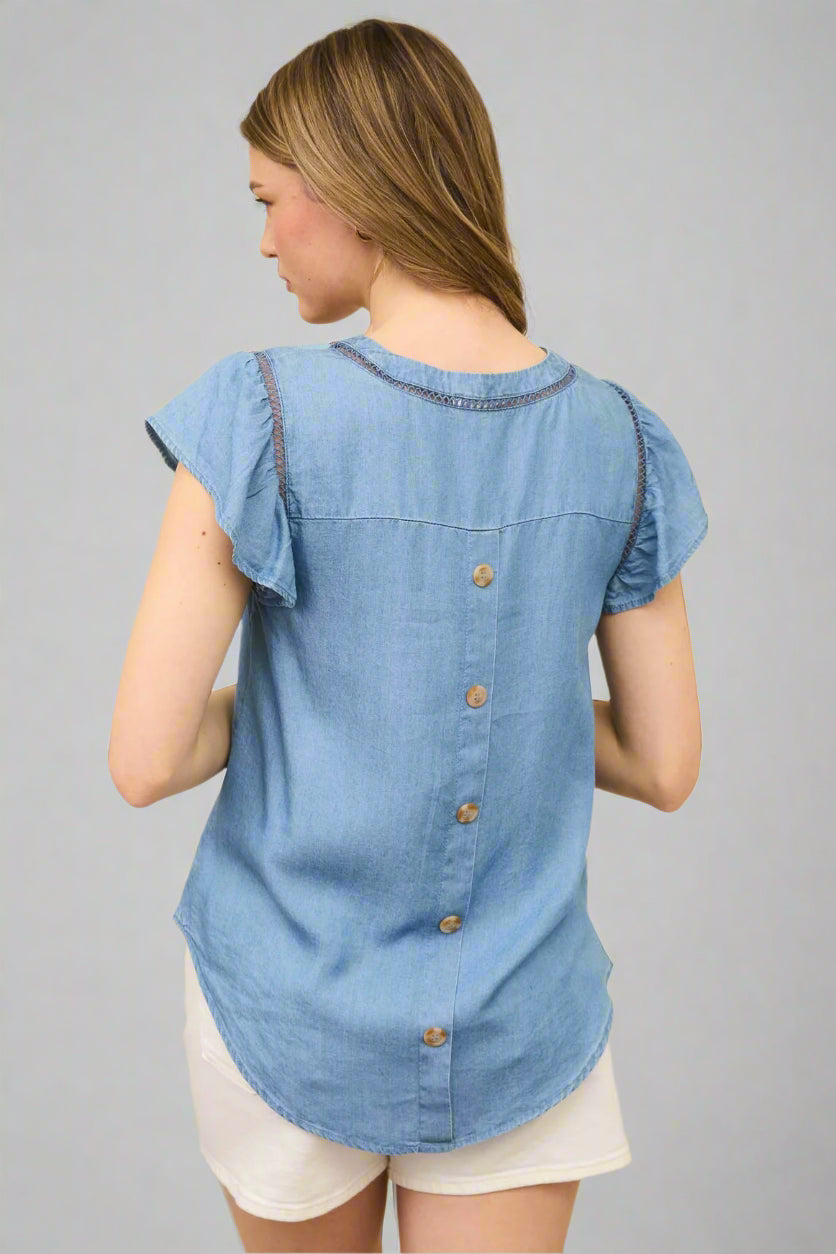 Chambray V Neck Lace Trim Back Button Top