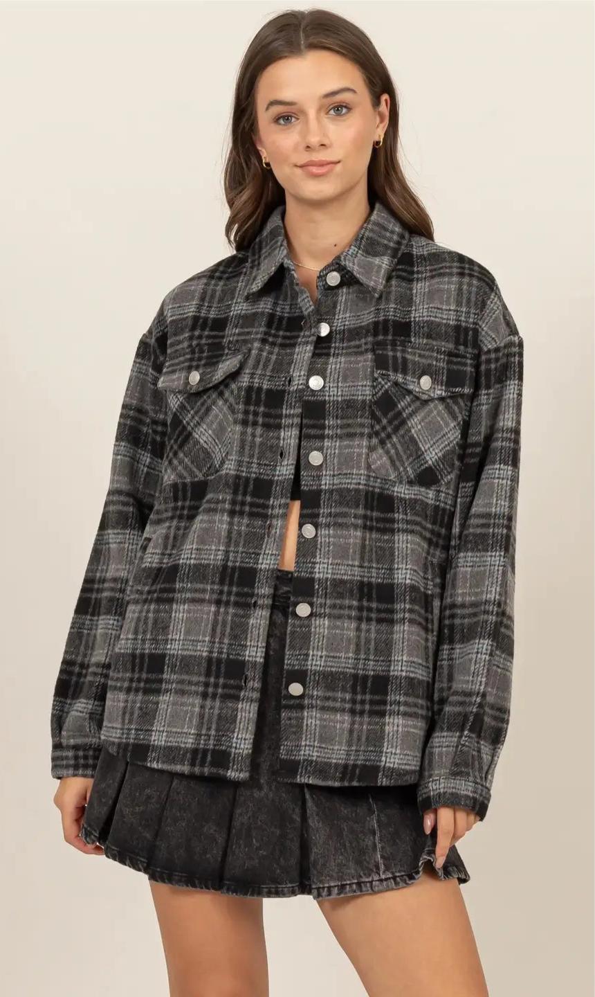 Plaid Shacket – Black & Grey