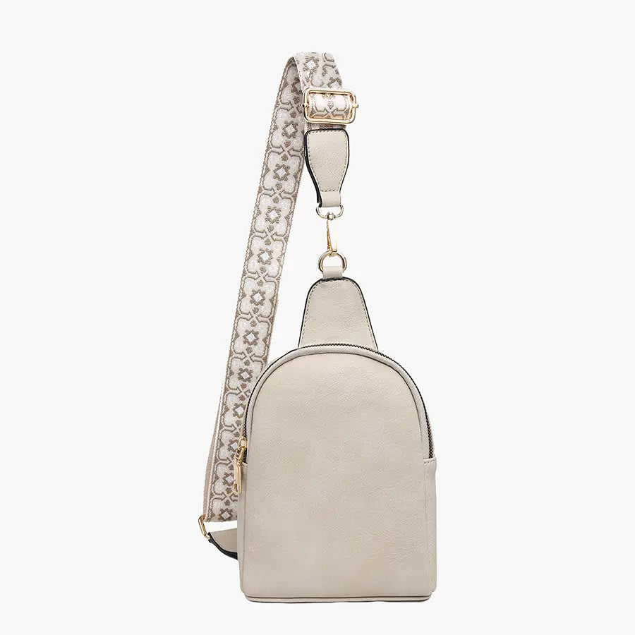 Vegan Leather Sling Bag with Guitar Strap – Cream - Crossbody Purse