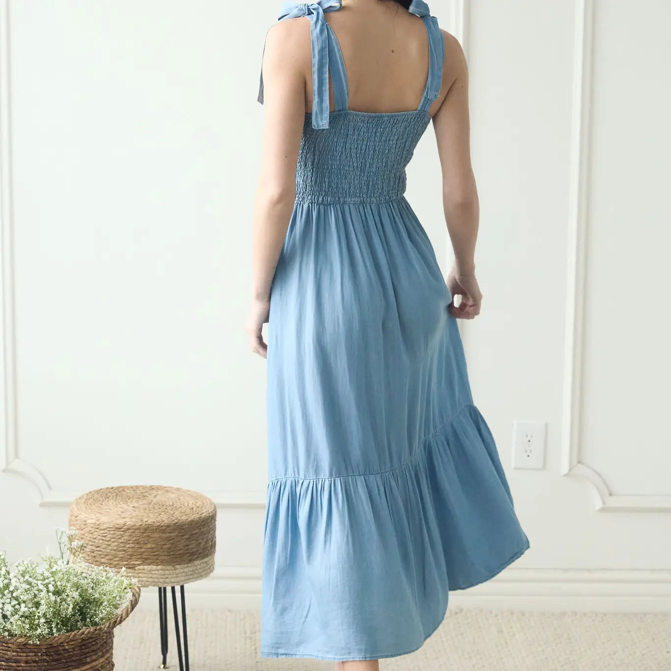 Cora Chambray Smocked Tie Strap Maxi Dress