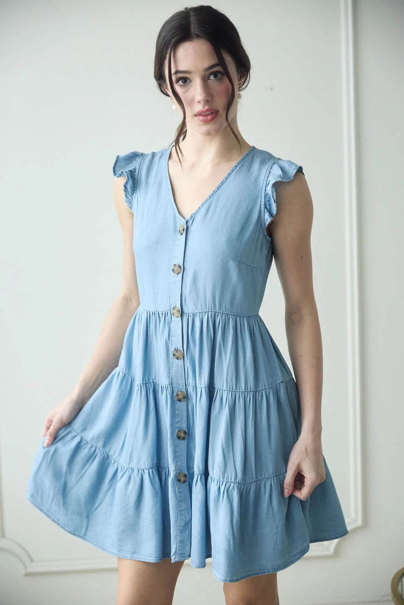 Chambray Button Down Tiered Mini Dress