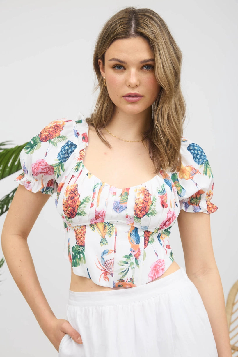 Tropical Print Corset Back Tie Detail Blouse