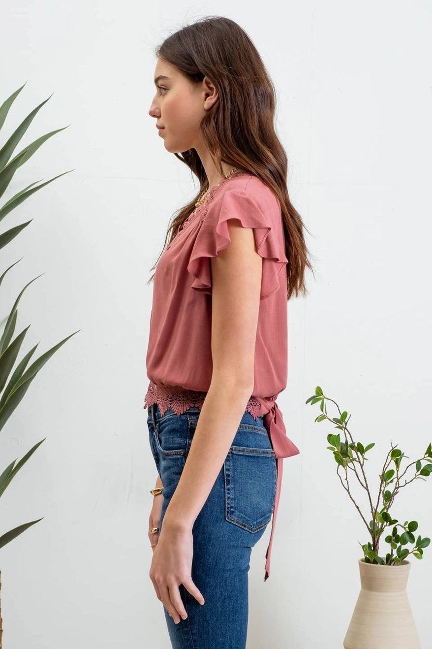Olivia Back Tie Short Sleeve Crop Top - Mauve