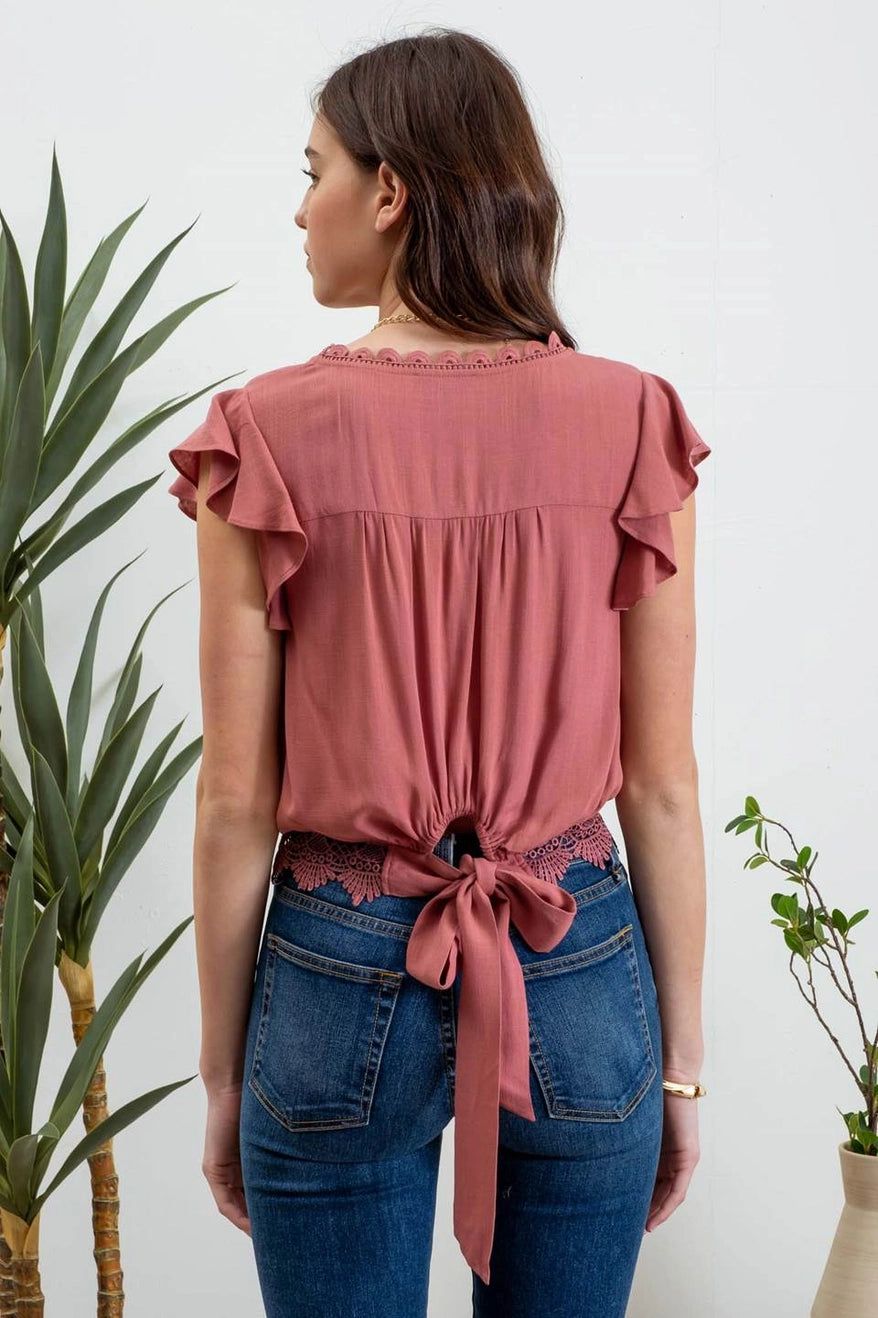 Olivia Back Tie Short Sleeve Crop Top - Mauve