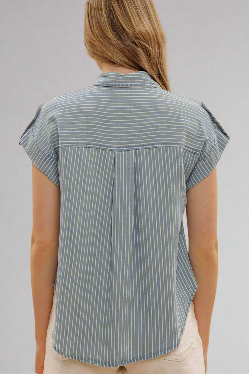 Stripe Button Down Tab Sleeve Chambray Shirt