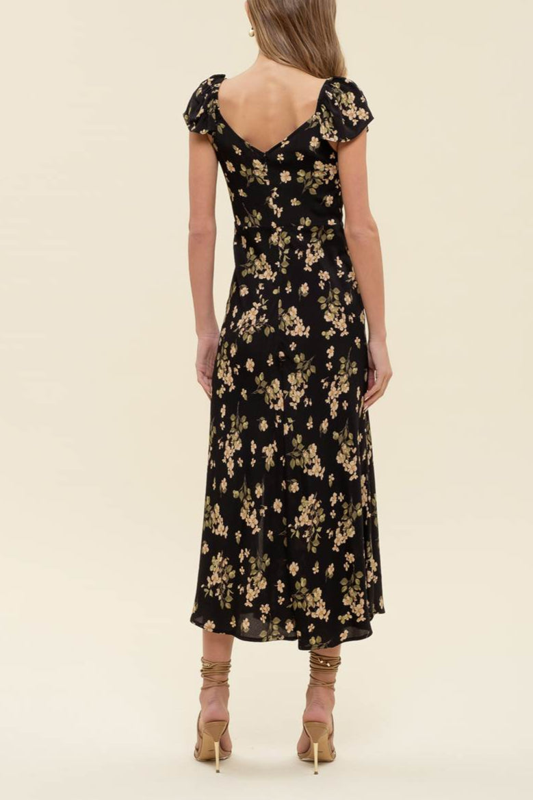 Leila Floral V Neck Ruffle Sleeve Side Slit Midi Dress