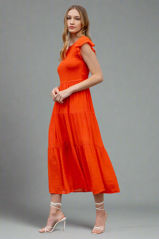 Stacie Smocked Tiered Red Midi Dress