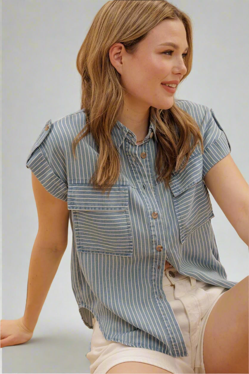 Stripe Button Down Tab Sleeve Chambray Shirt
