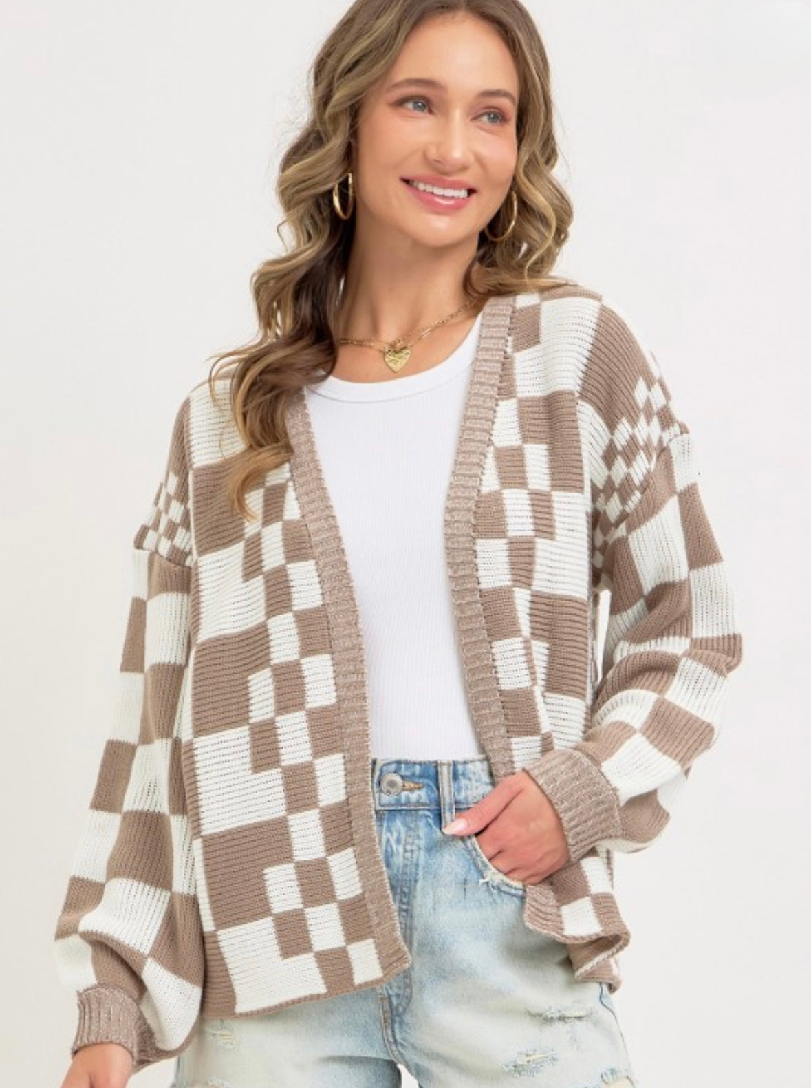 Checkered Charm Knit Cardigan