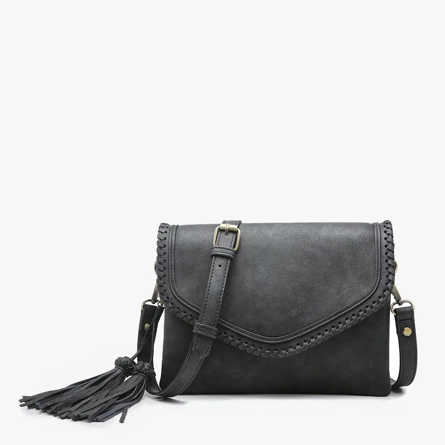 Sloane Vegan Leather Crossbody Purse w/ Whipstitch and Tassel - Black