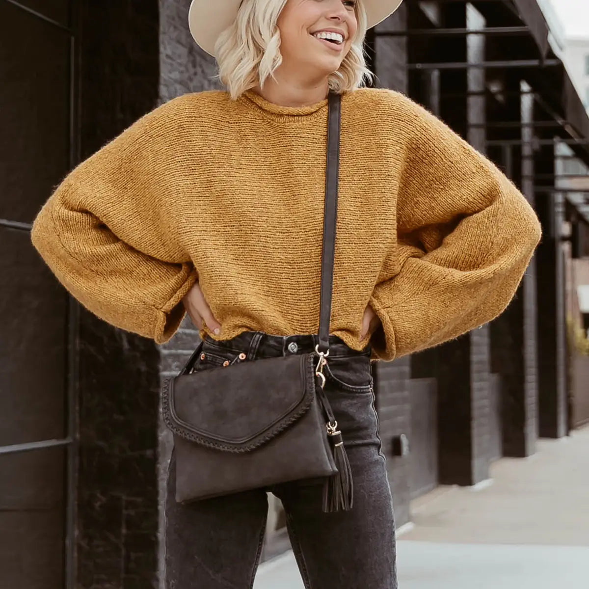 Sloane Vegan Leather Crossbody Purse w/ Whipstitch and Tassel - Black