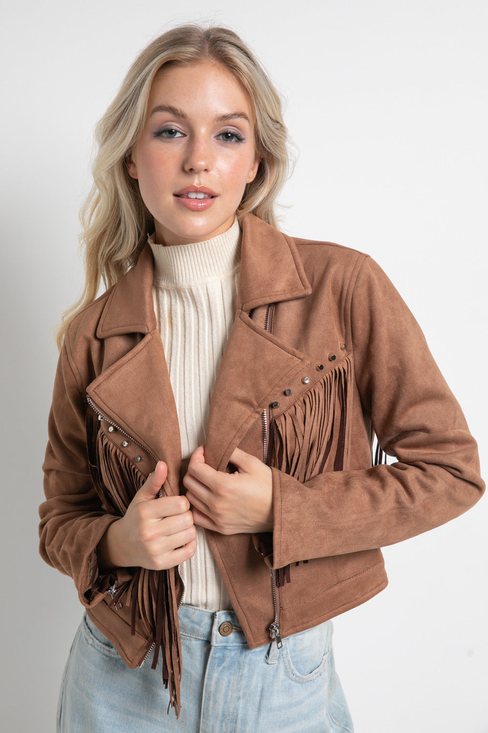 Chelsea Suede Studded Fringe Moto Jacket