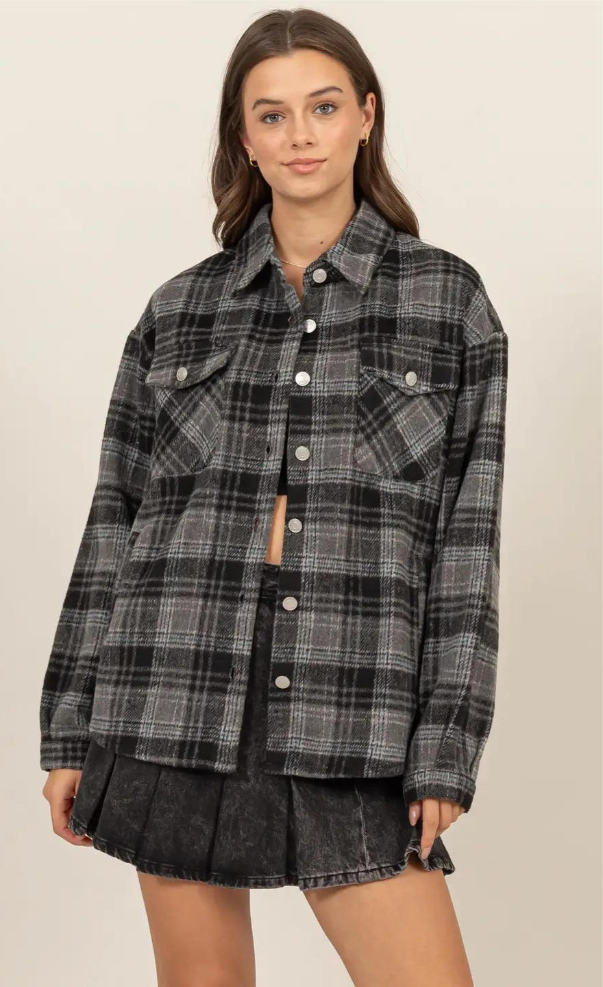Plaid Shacket – Black & Grey