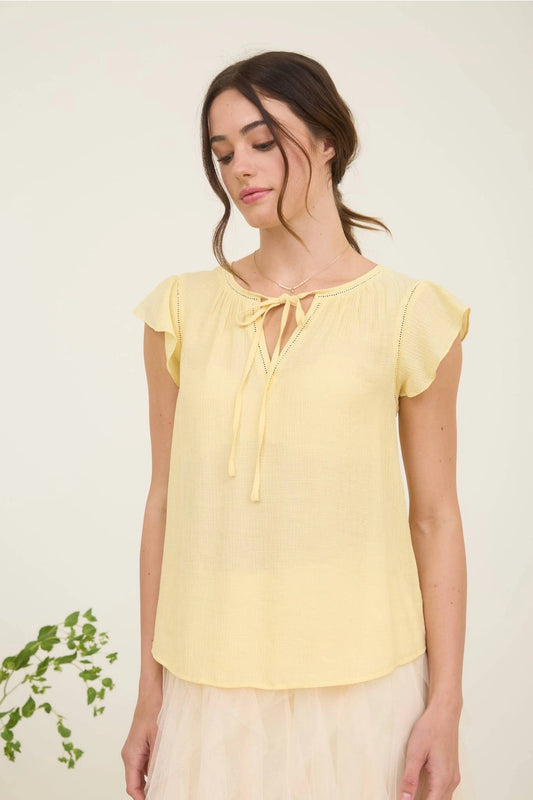 Daisy Ladder Lace Trim Front Tie Ruffle Sleeve Blouse