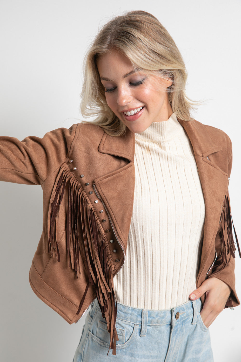 Chelsea Suede Studded Fringe Moto Jacket