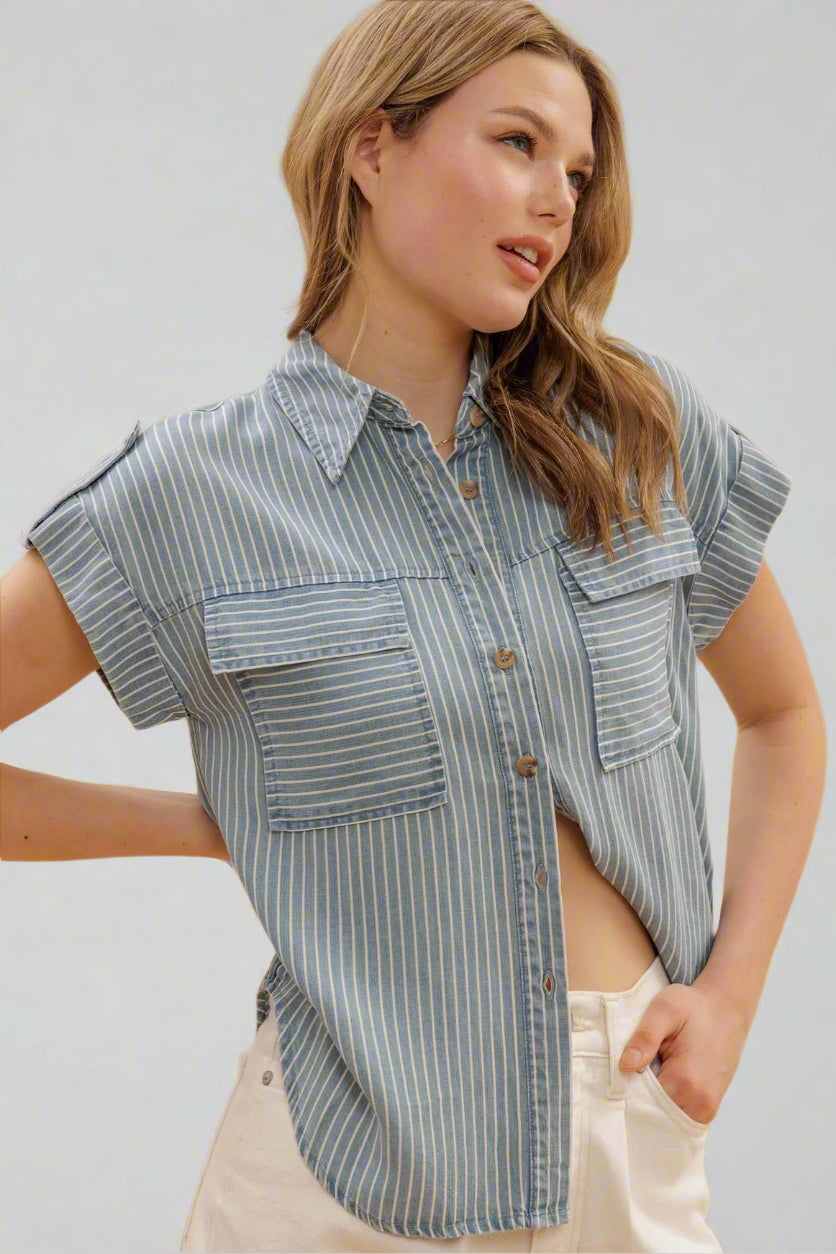 Stripe Button Down Tab Sleeve Chambray Shirt