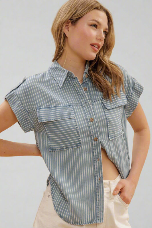 Stripe Button Down Tab Sleeve Chambray Shirt