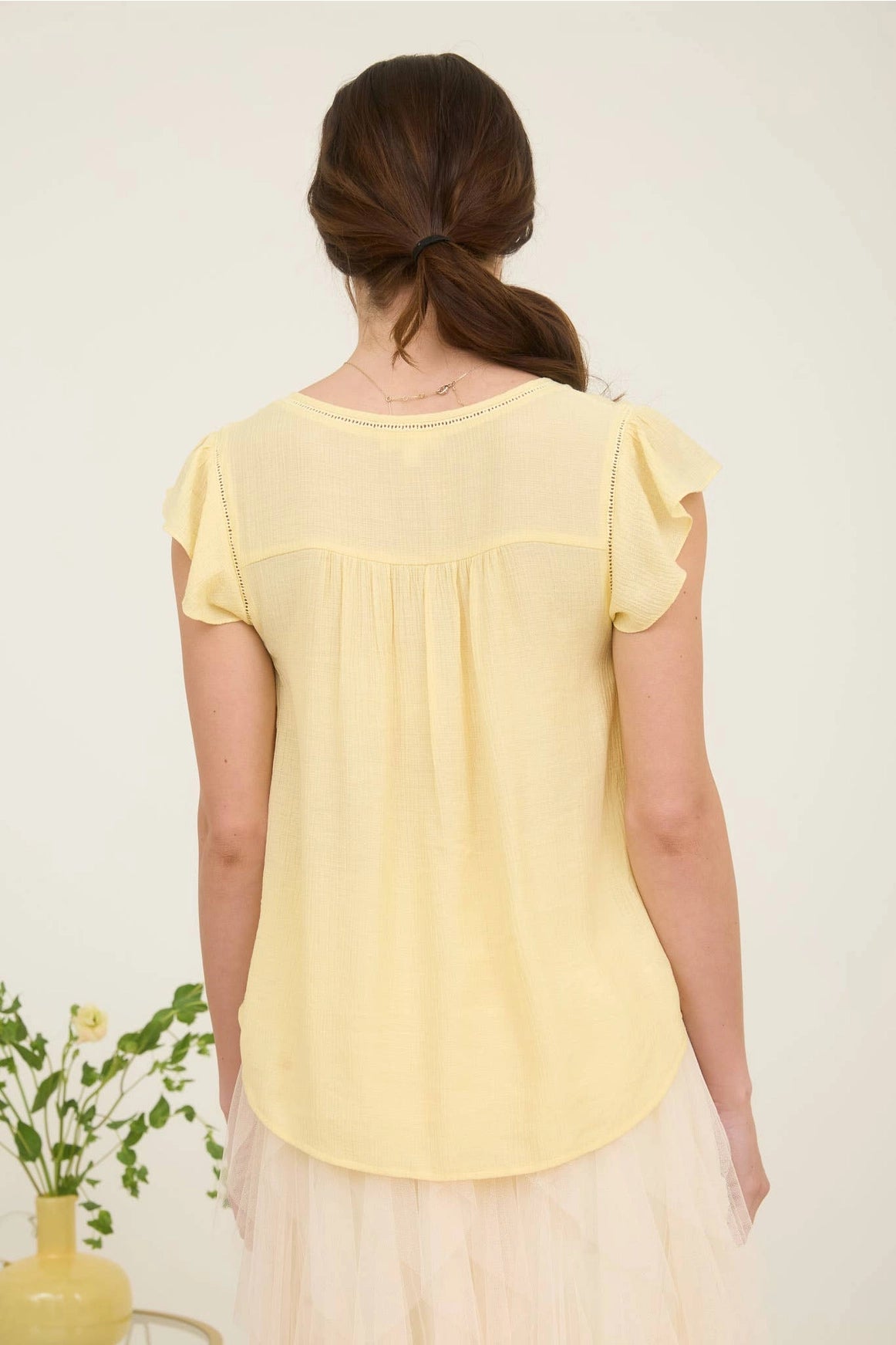 Daisy Ladder Lace Trim Front Tie Ruffle Sleeve Blouse