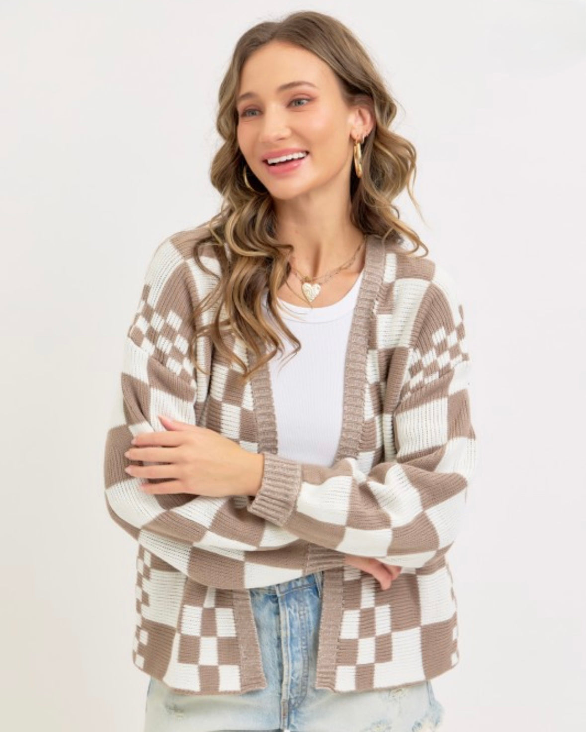 Checkered Charm Knit Cardigan