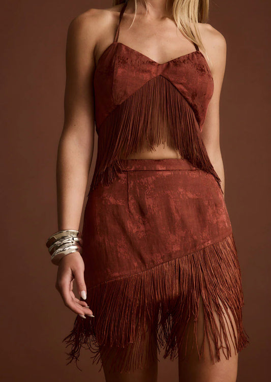 Terracotta Jacquard Fringe Mini Skirt