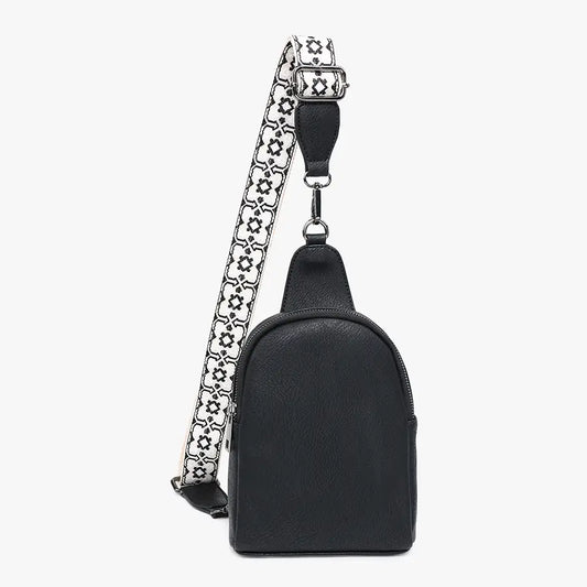 Vegan Leather Sling Bag with Guitar Strap – Black - Crossbody Purse