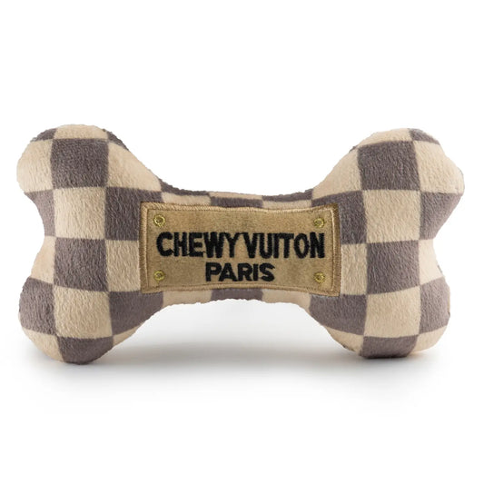 Chewy Vuiton Checker Bone Dog Toy – Plush Squeaky Dog Bone (Large)