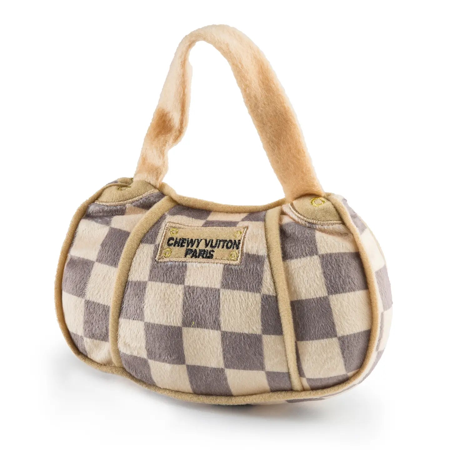 Chewy Vuiton Checker Handbag Dog Toy – Small Plush Purse Squeaky Toy