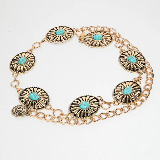 Metallic Floral Western Concho Disc Hoop Chain Belt