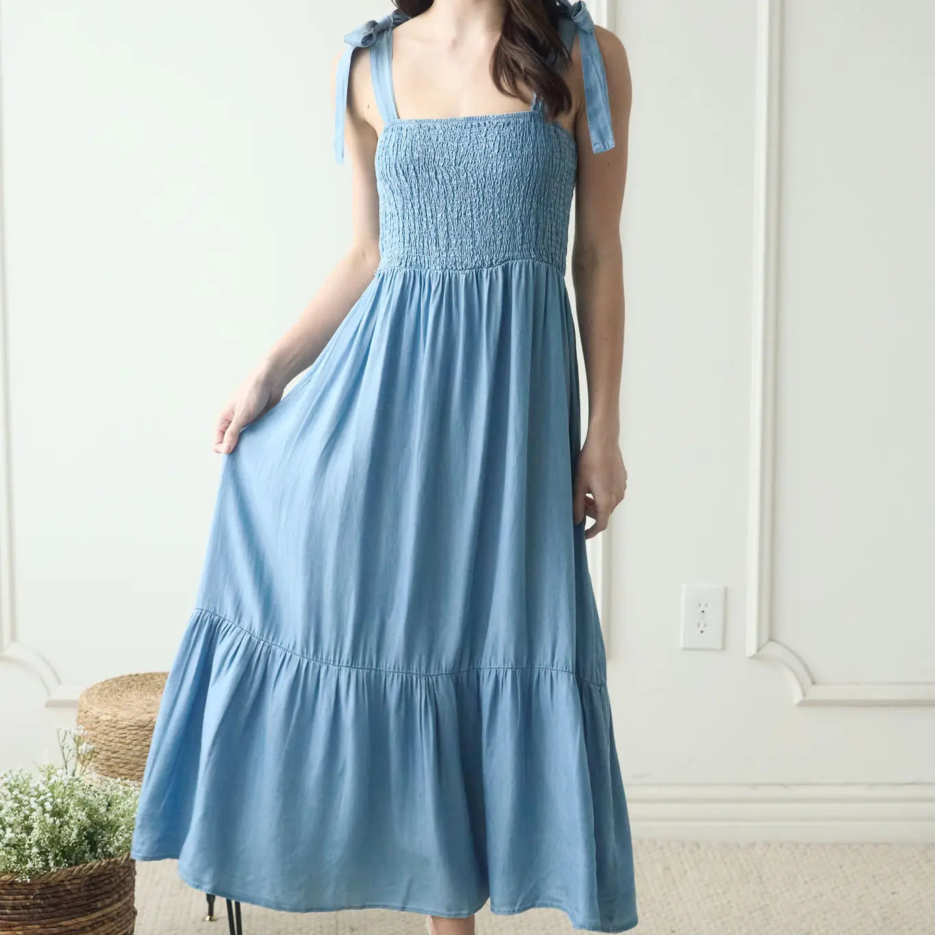 Cora Chambray Smocked Tie Strap Maxi Dress