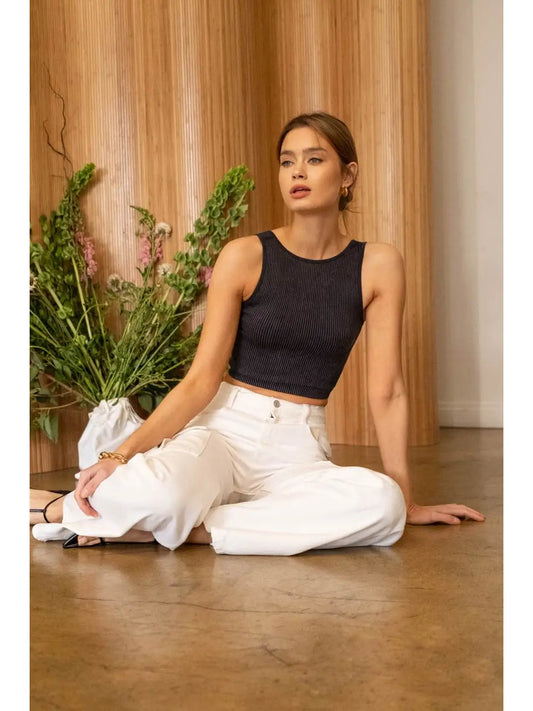 Seamless Black Open Back Crop Tank Top