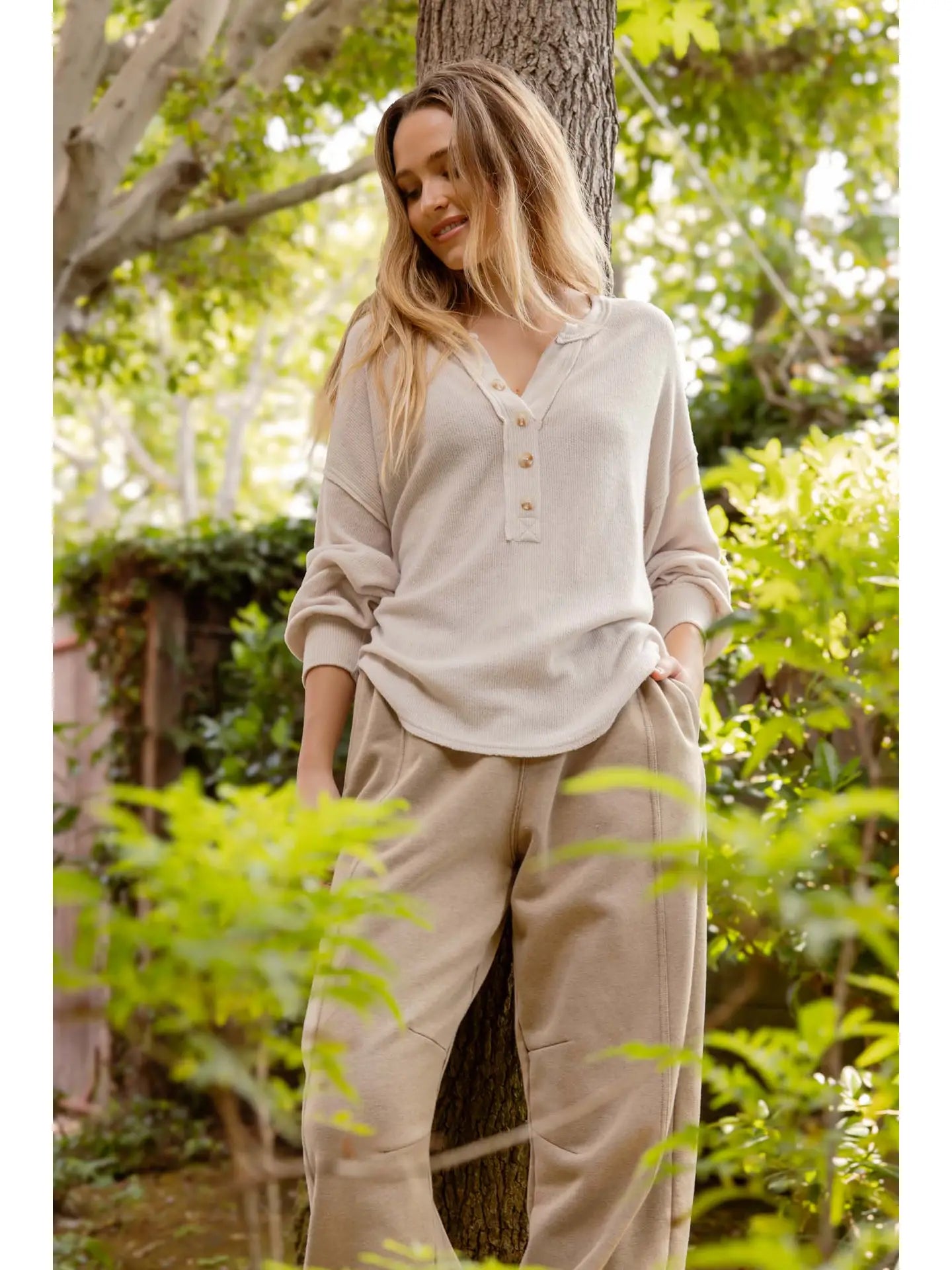 The Harper Knit Henley Top – Oatmeal