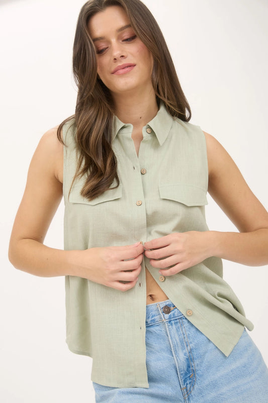 Olive Collared Button Down Sleeveless Shirt