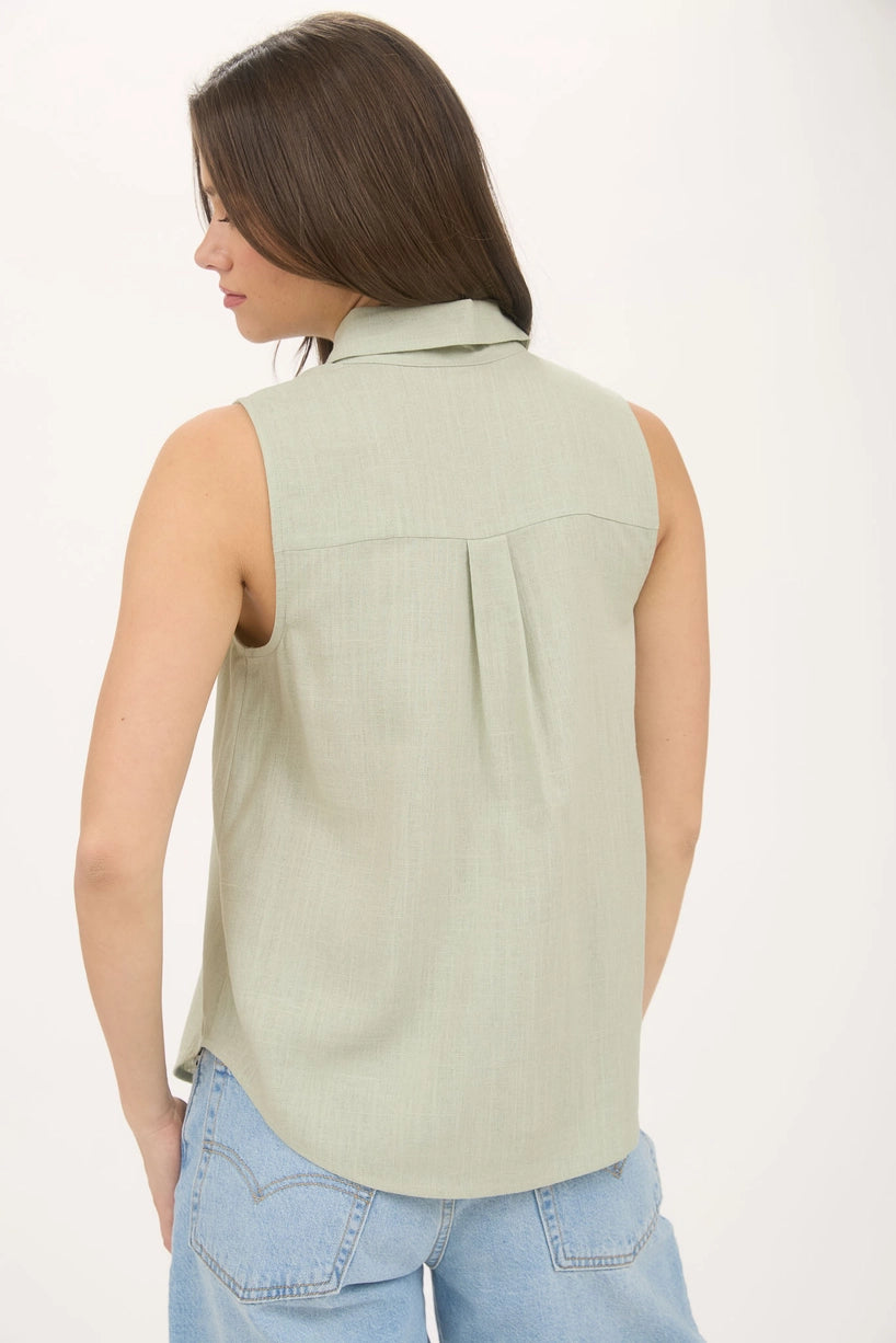 Olive Collared Button Down Sleeveless Shirt