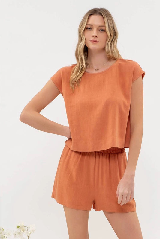 Terracotta Linen Blend Short Sleeve Top