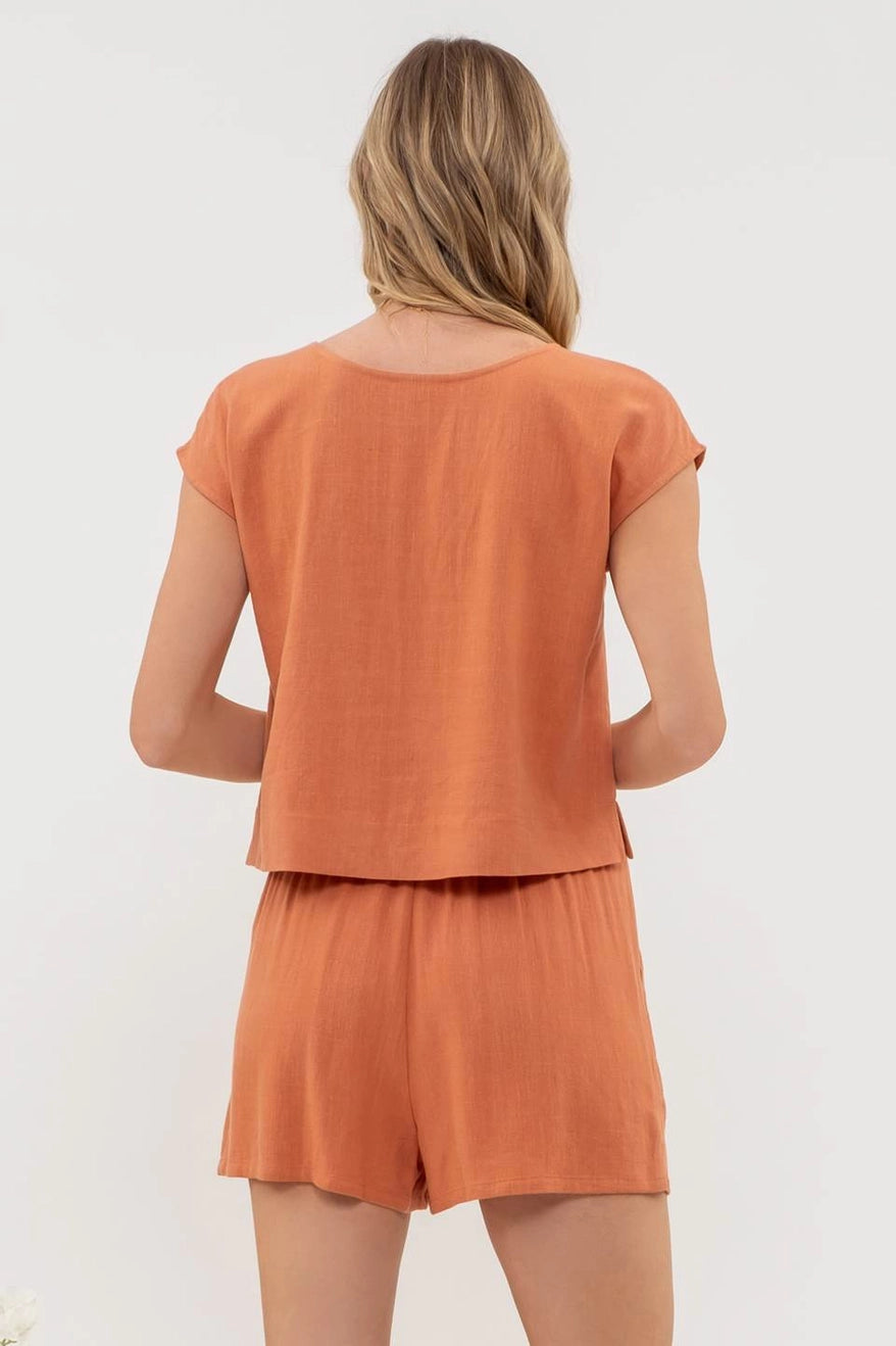 Terracotta Linen Blend Short Sleeve Top