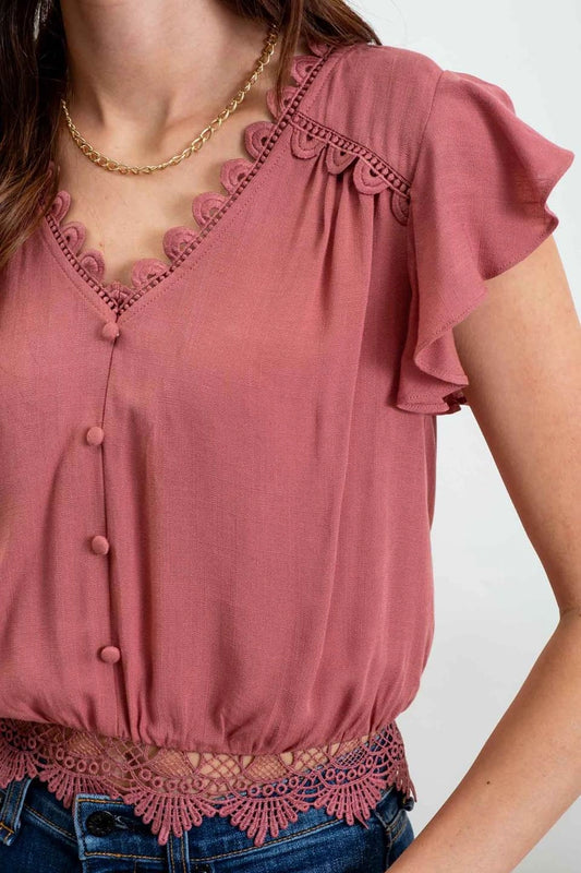 Olivia Back Tie Short Sleeve Crop Top - Mauve