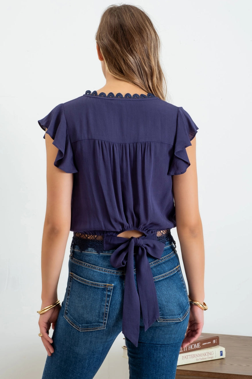 Olivia Back Tie Short Sleeve Crop Top - Navy