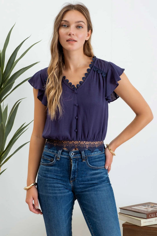 Olivia Back Tie Short Sleeve Crop Top - Navy