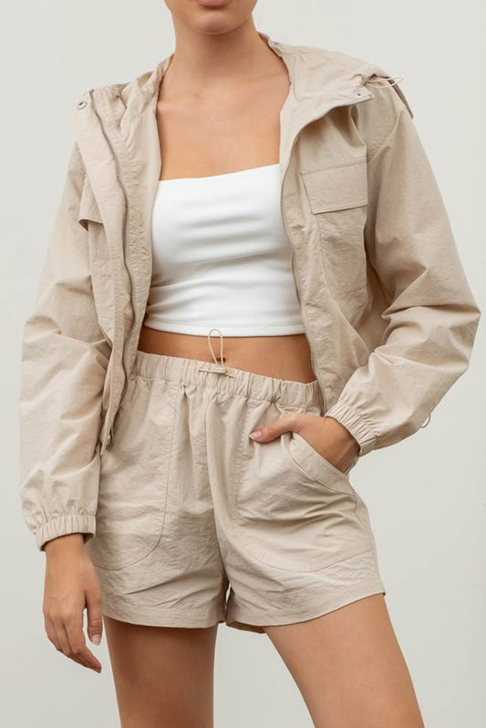 Delia Zip Up Hooded Windbreaker Jacket - Khaki