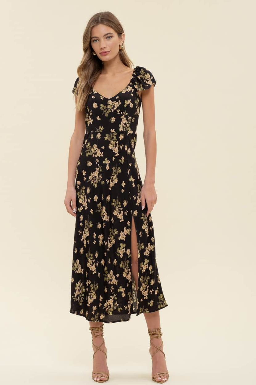 Leila Floral V Neck Ruffle Sleeve Side Slit Midi Dress