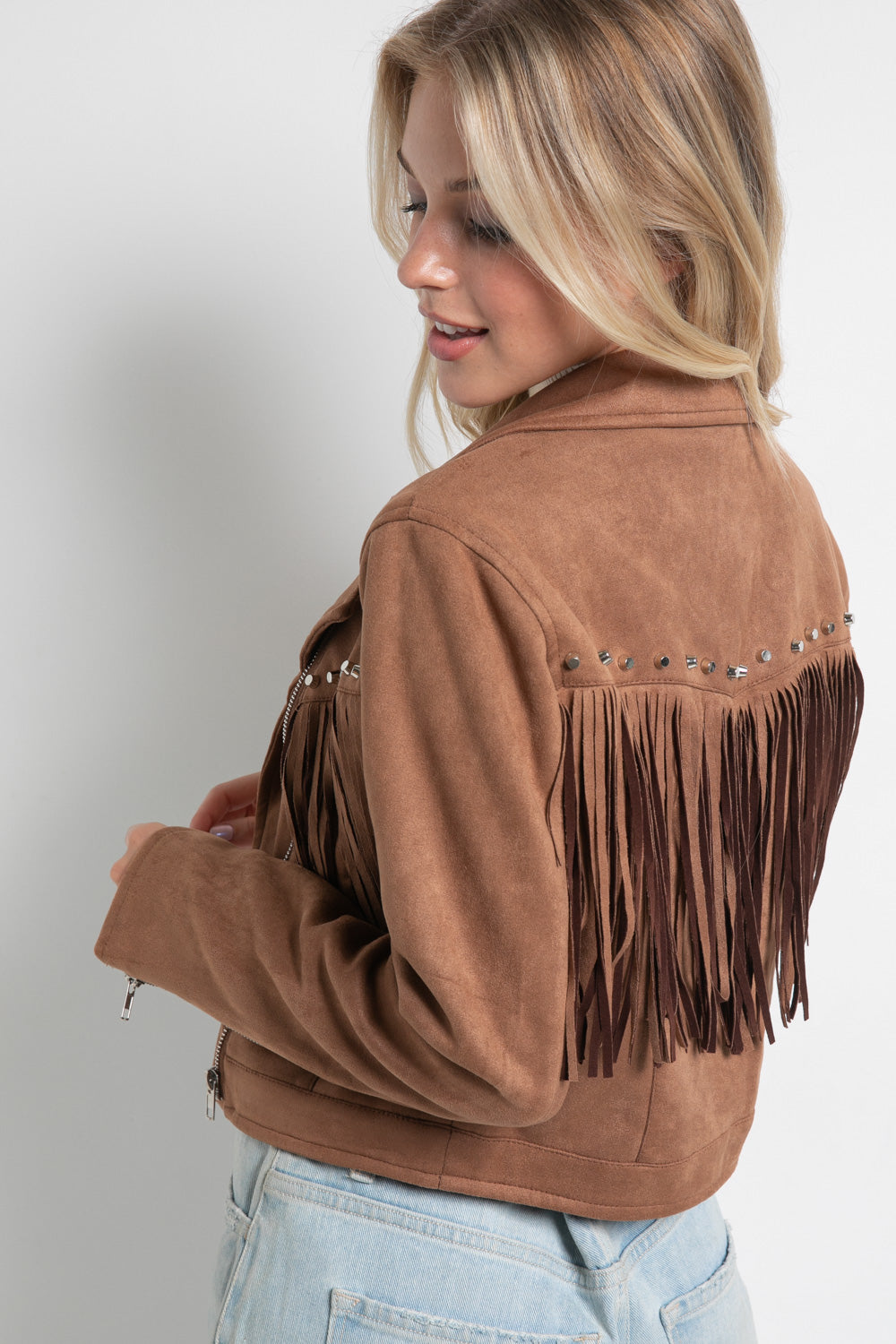 Chelsea Suede Studded Fringe Moto Jacket