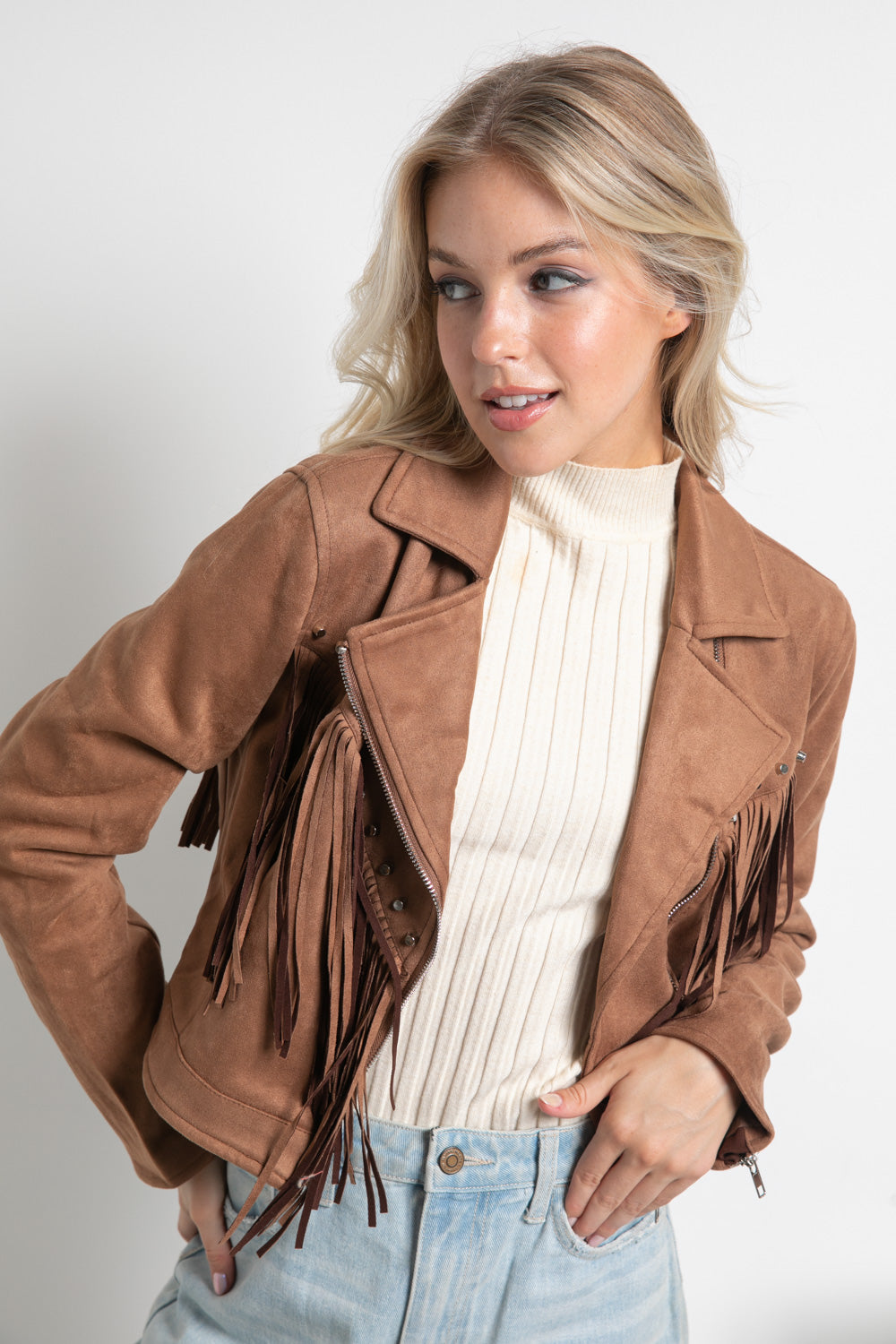 Chelsea Suede Studded Fringe Moto Jacket